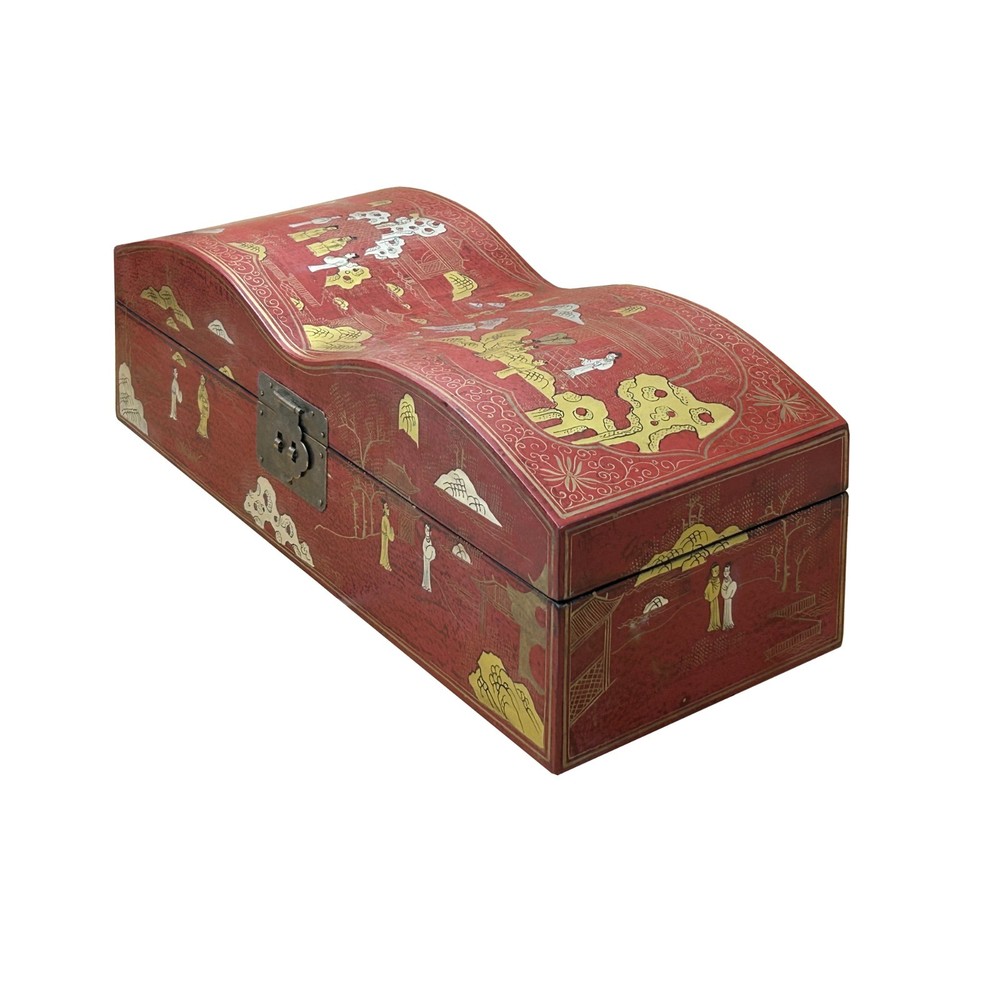 Red Lacquer Chinoiserie-style Gold Silver Scenery Graphic Rectangular Box GB230