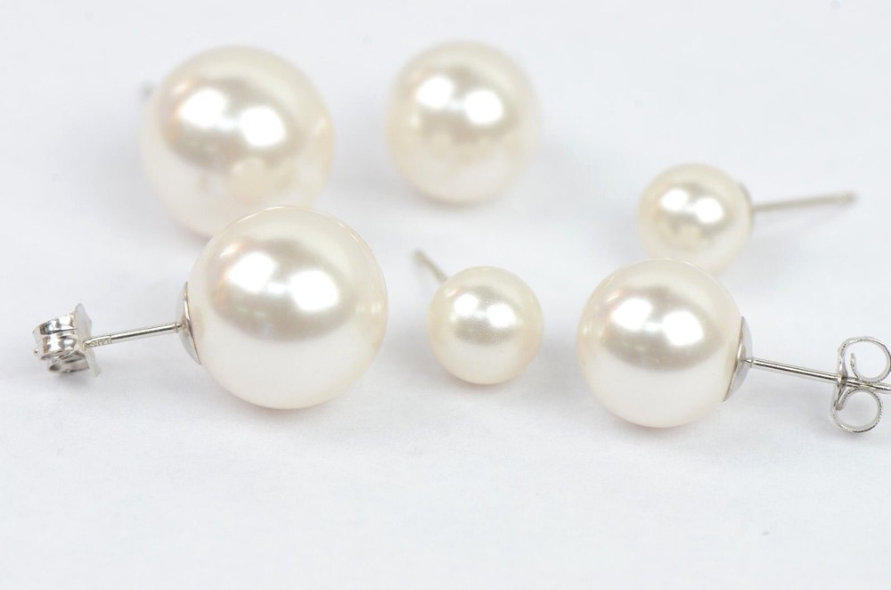 925 Solid Sterling Silver Beautiful Classic White Swarovski Pearls Stud Earrings