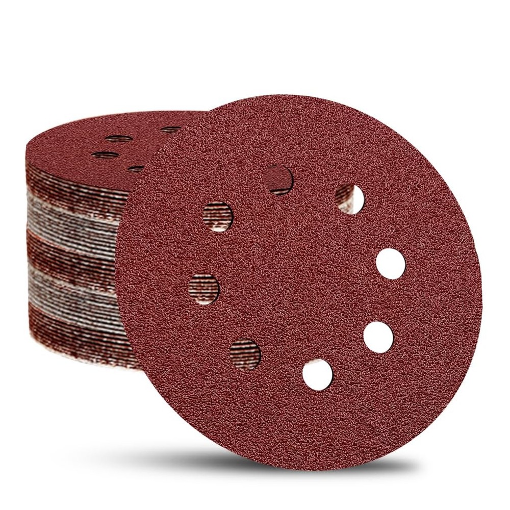 52 Pack 5 Inch 8-Hole Hook & Loop Sanding Discs Red Sandpaper 120 Grit Orbital