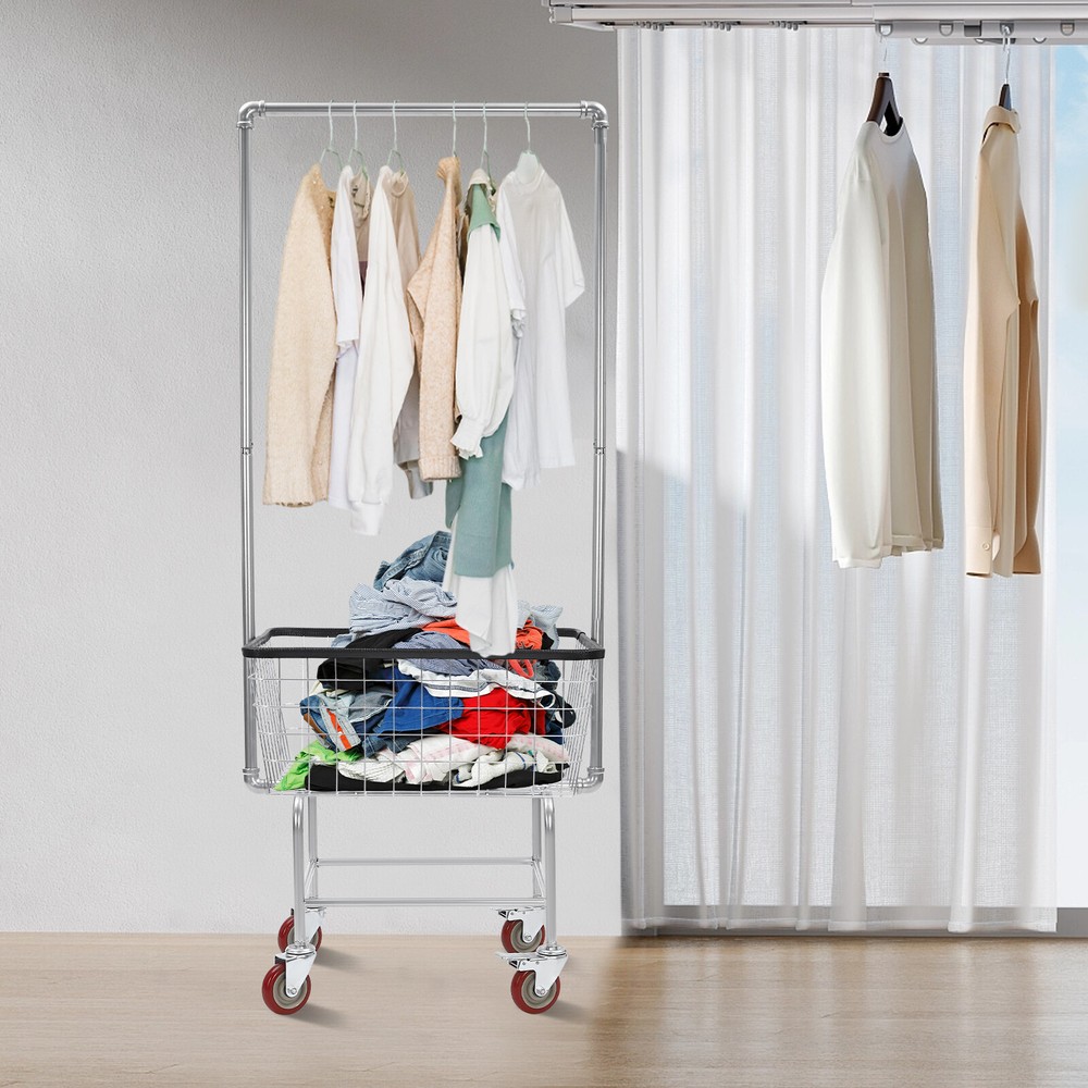 27*22*67'' Heavy Duty Wire Laundry Cart with Double Pole Rack