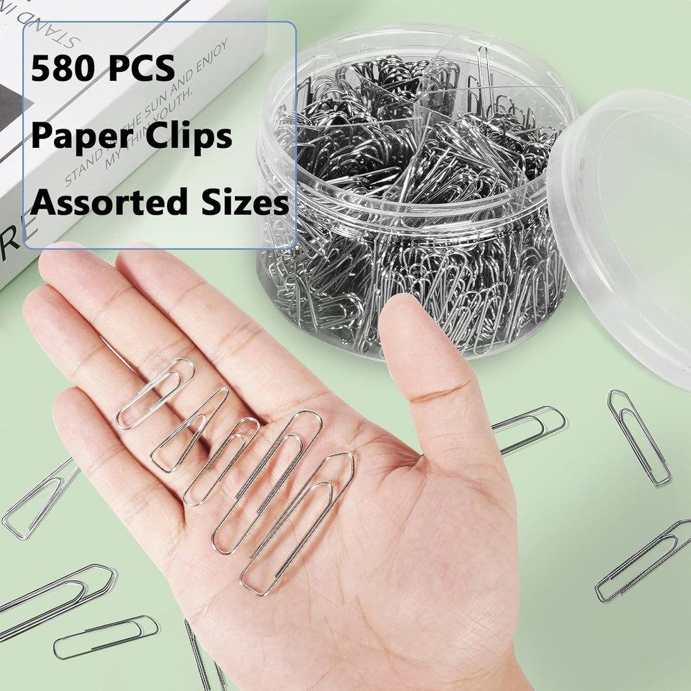 Paper Clips Assorted Sizes 580PCS Small Medium Large Office School Home Silver