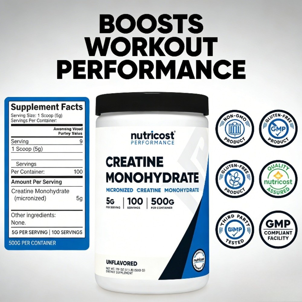 Nutricost Micronized Creatine Monohydrate - Pure Powder for Strength