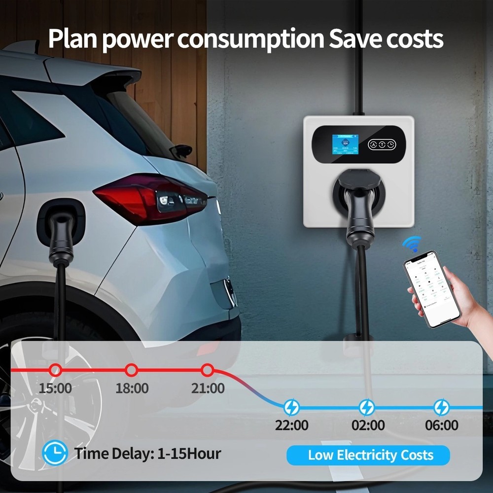 Portable Type 2 EV Wall Charger, 8A-32A Adjustable, 7kW 1-phase, Delay Timer