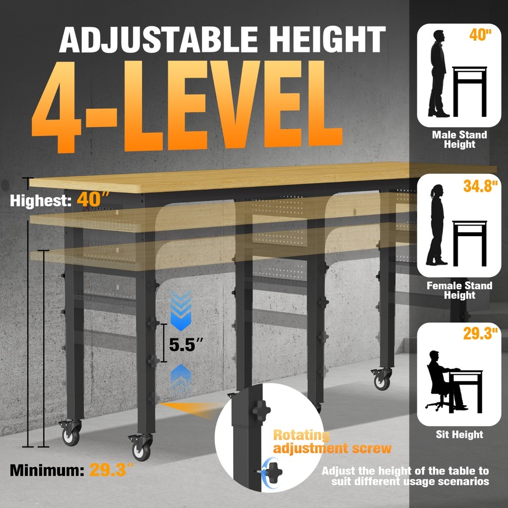 Adjustable Workbench, Work Benches for Garage with Pegboard and Power Outlet