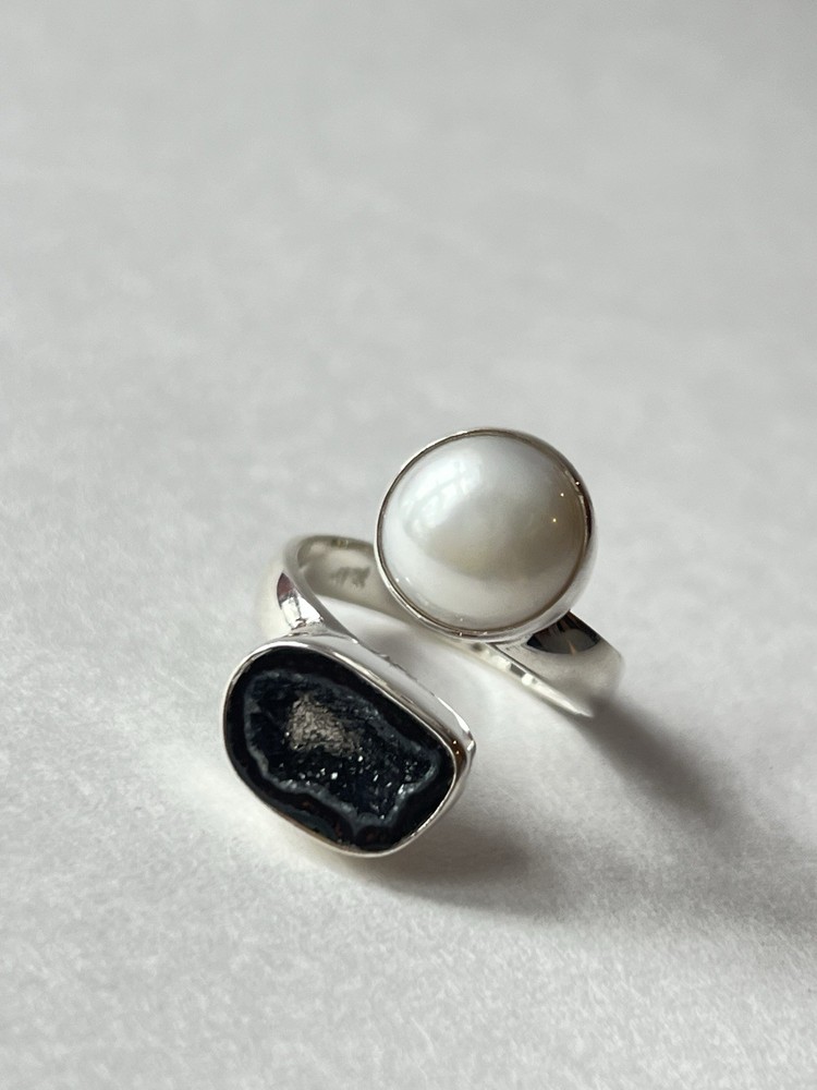 Pearl & Geode Adjustable Ring 925 Sterling Silver Size 7