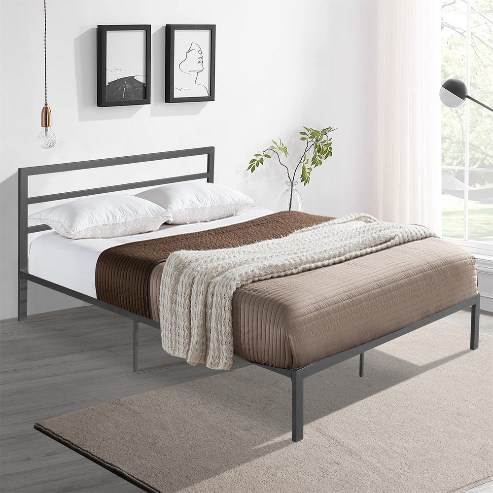 Modern Queen Size Bed Frame Metal Platform Bed Frame w/ Headboard Grey US