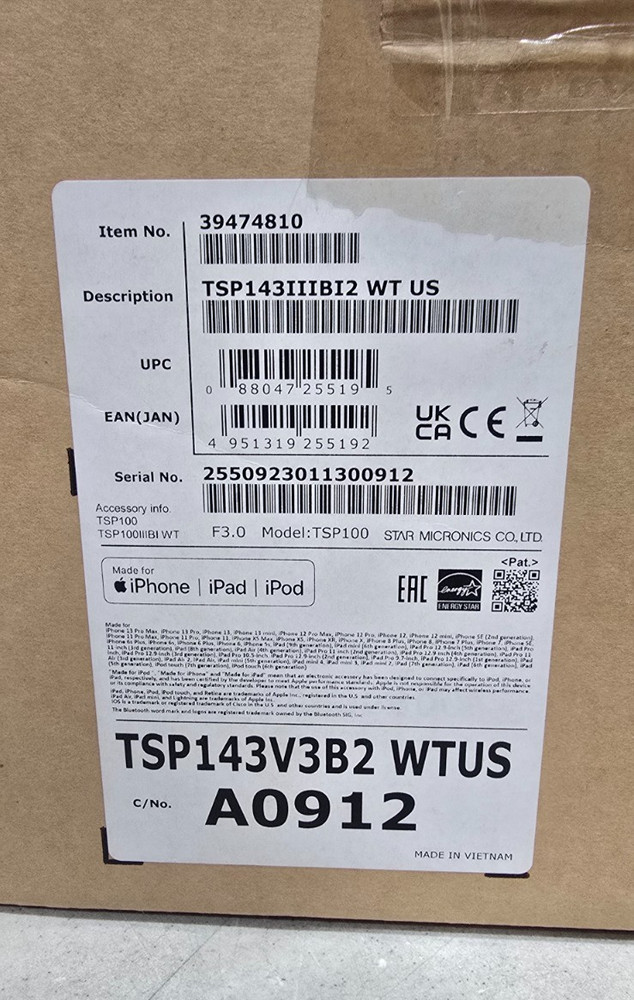 Star Micronics TSP143IIIBI2 WT US Wireless Thermal Printer (39474810)