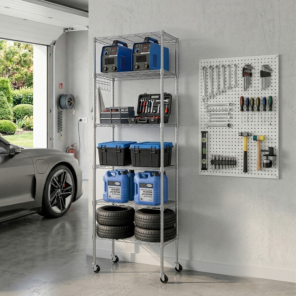 65"H Adjustable Rolling Storage Shelf Garage Rack 6-Tier Wire with Hanging Hooks