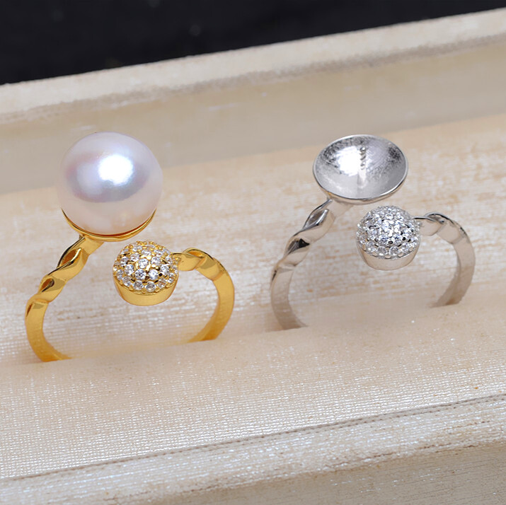 S925 Solid Sterling Silver 10-12mm Half Drilled Pearl Mount Holder Ring Settings