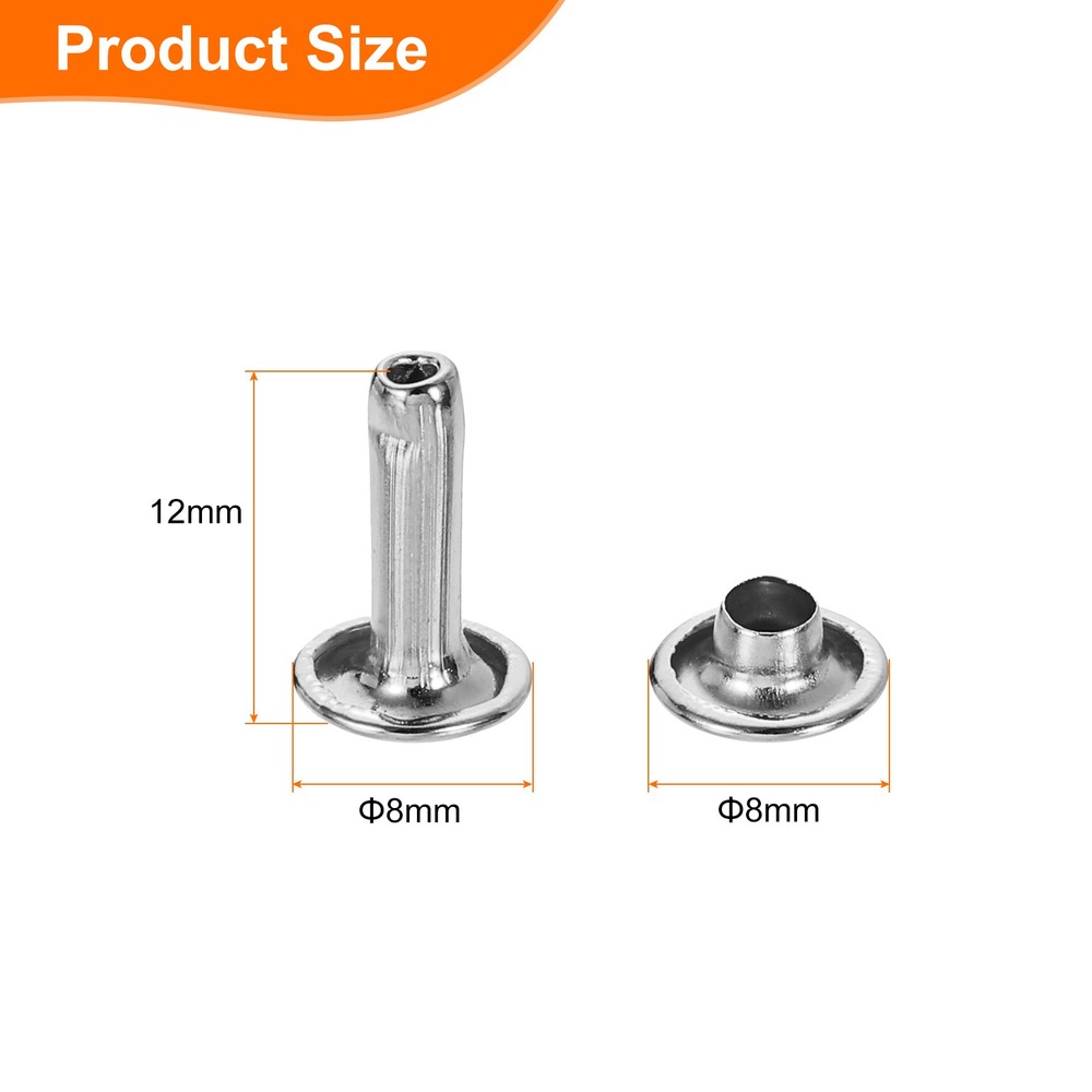 80Sets Double Cap Rivet 8x12mm Carbon Steel Round Head Snap Studs, Silver