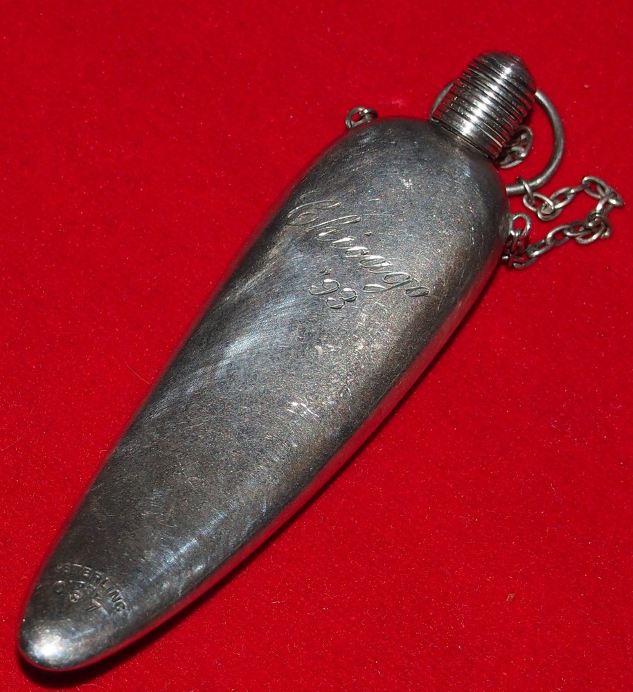 SCENT OR PERFUME STERLING BOTTLE ,CHAIN & CAP C 1893 BY:SPAULDING SILVER CO .