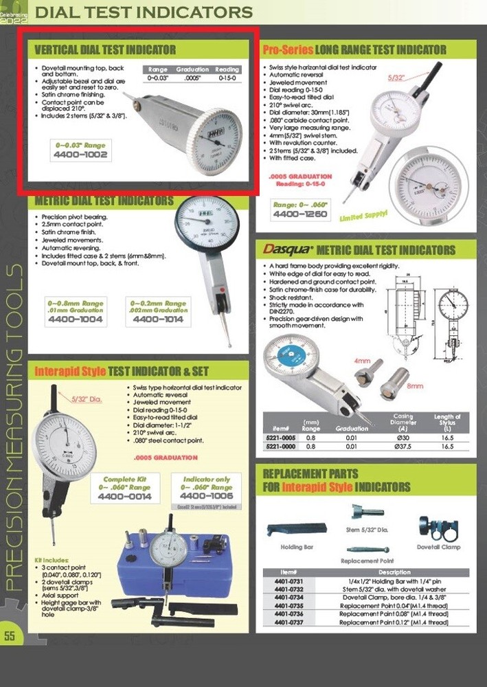 0-.03" VERTICAL TEST INDICATOR (4400-1002)