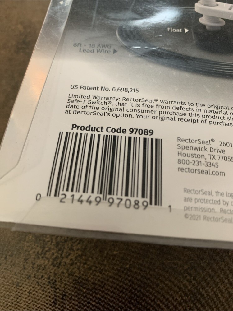 RECTORSEAL NEW SAFE-T-SWITCH SS3 97089 Adjustable Overflow Shut Off Switch