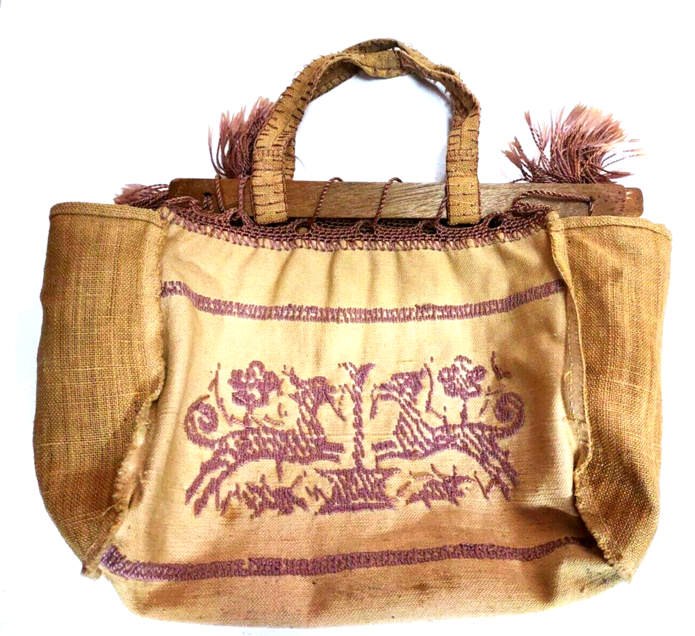 Bag Tote Needlepoint Crochet Burlap Wood Handles Primitive READ
