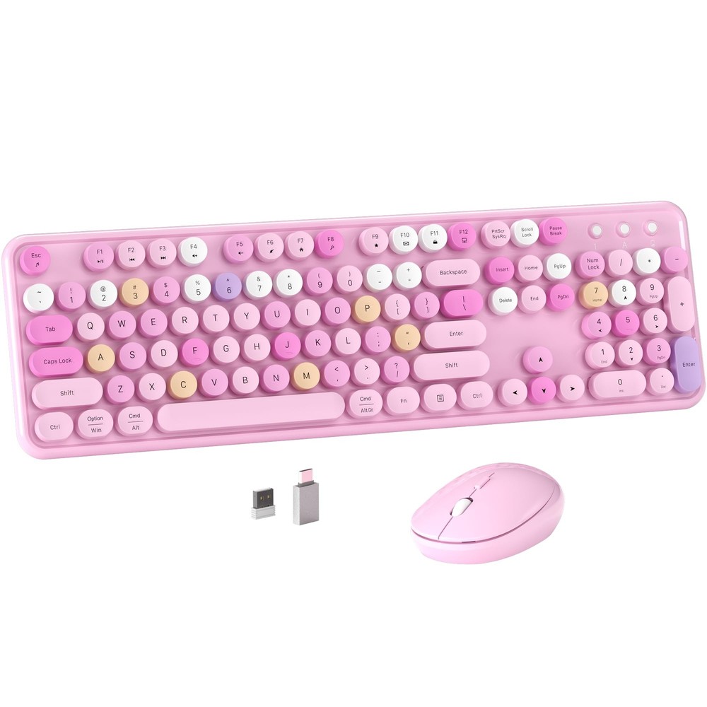 Colorful Wireless Computer Keyboard and Mouse Combo with Round Typewriter Key...