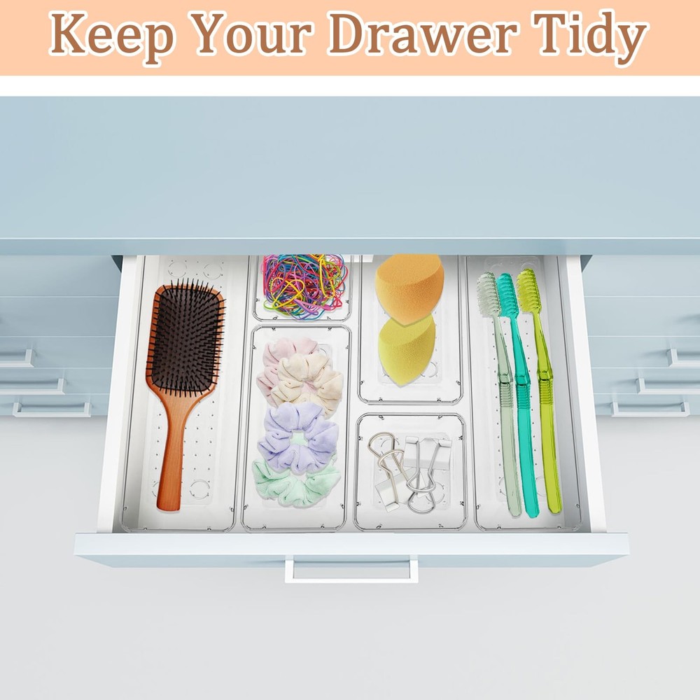 6 Pack Clear Drawer Organizer Set,Versatile Bathroom and Vanity Organizer Tra...