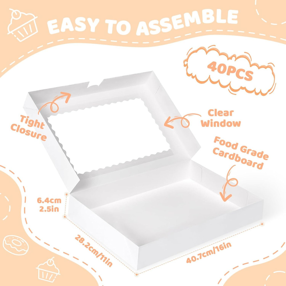 40pcs Bakery Boxes with Window, 16x11x2.5 Inches, Donut Boxes, White Cookie Boxe