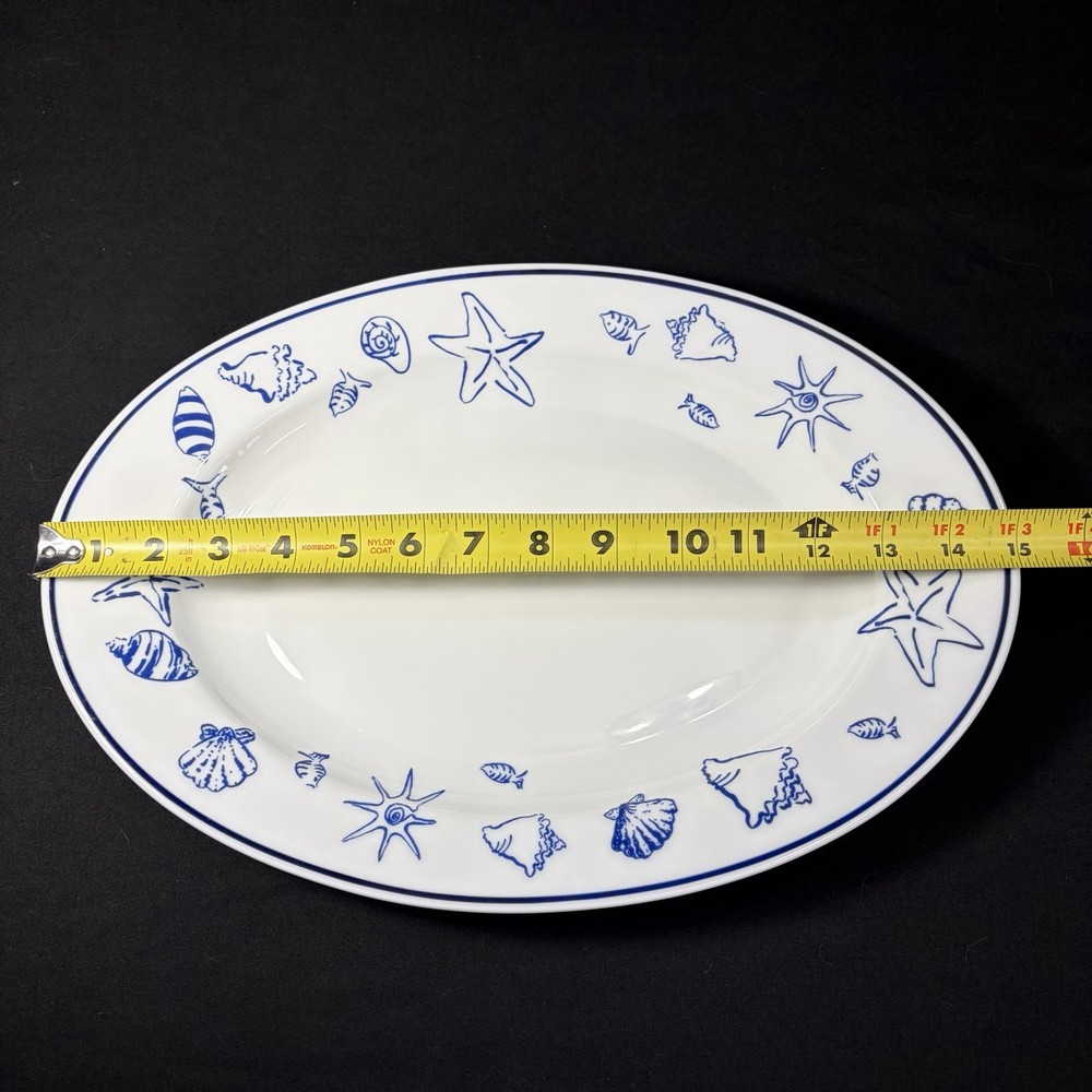 Serving Platter Elliot Bay Pattern White With Blue Seashell Fish & Trim 15”