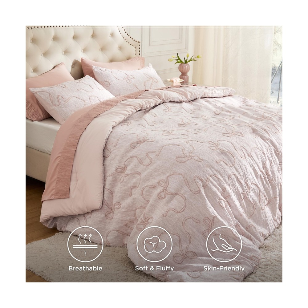 Bedsure Queen Comforter Set, Pink Boho Tufted Bed Set, 3D Puffy... USA FAST SHIP