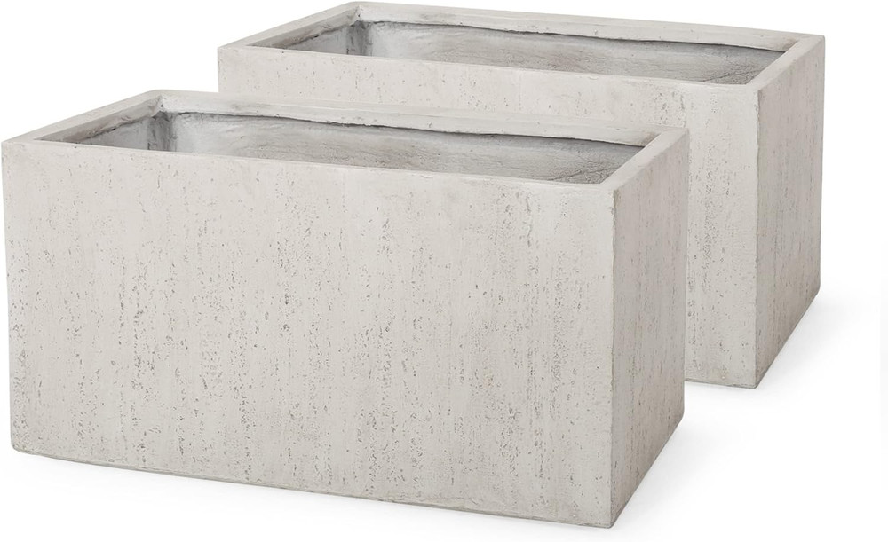Modern White Cast Stone Rectangular Planters - Set of 2 for Outdoor Use