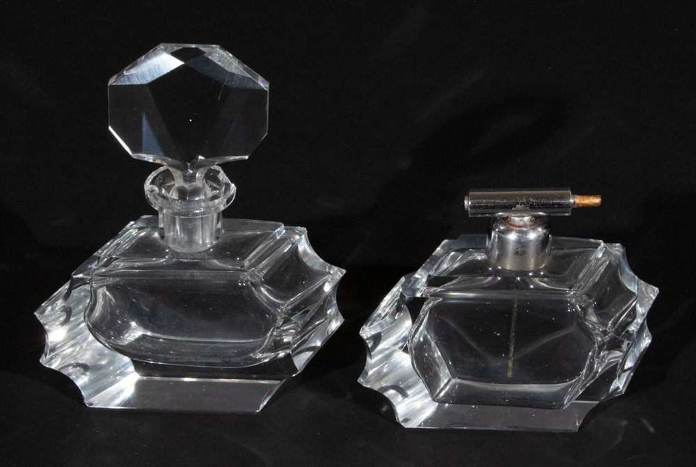 Art Deco Perfume Clear Cut Crystal Glass Dressing Table Set