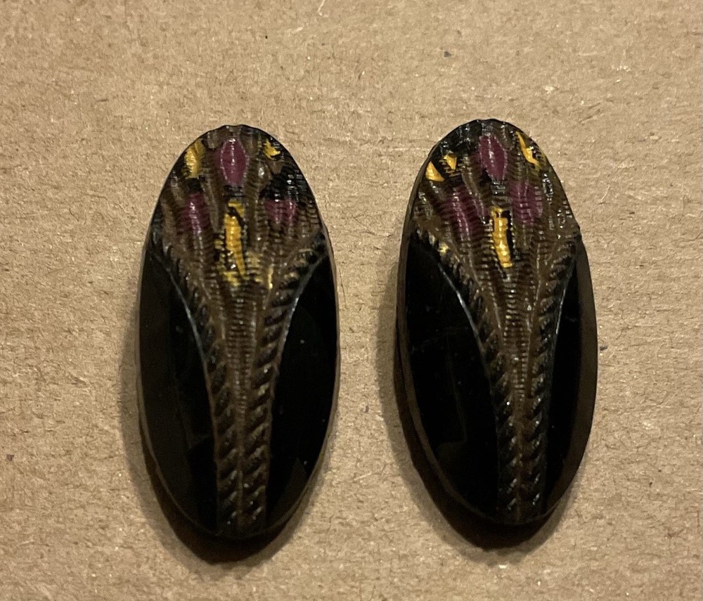 ANTIQUE Ornate, Glass Beetle-Shaped Button Pair- (1” Long)