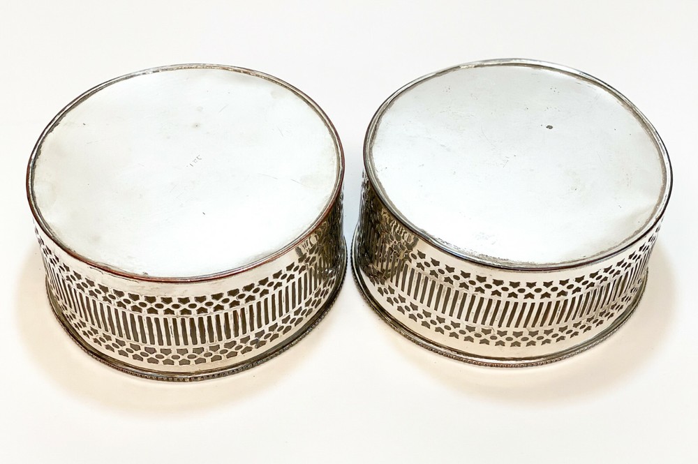 Pair Continental Silverplate Pierced Wine Bottle Holders, 19th Century