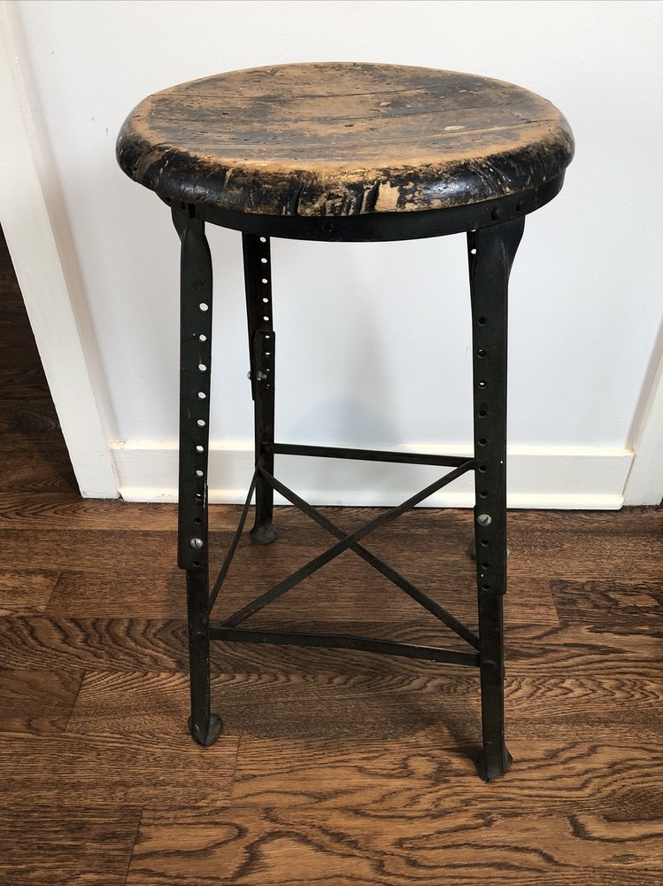 Vintage Industrial Stool Wood Steel Adjustable