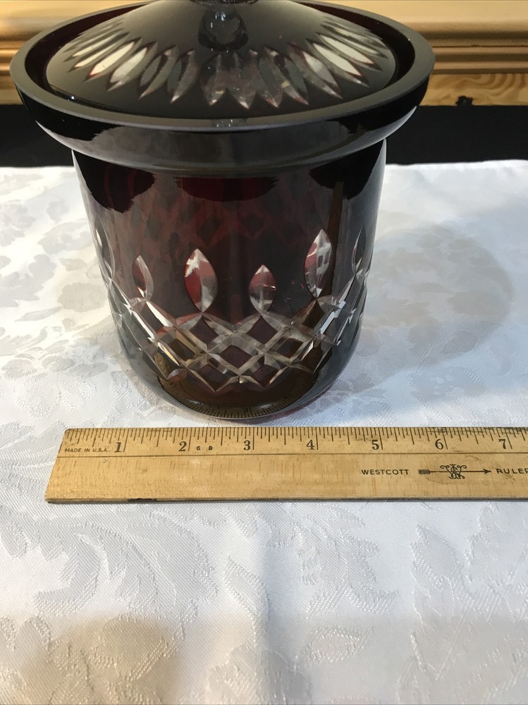Ruby Red Cut to Clear Crystal Jar w/ Lid  Humidor Biscuit Candy Dish