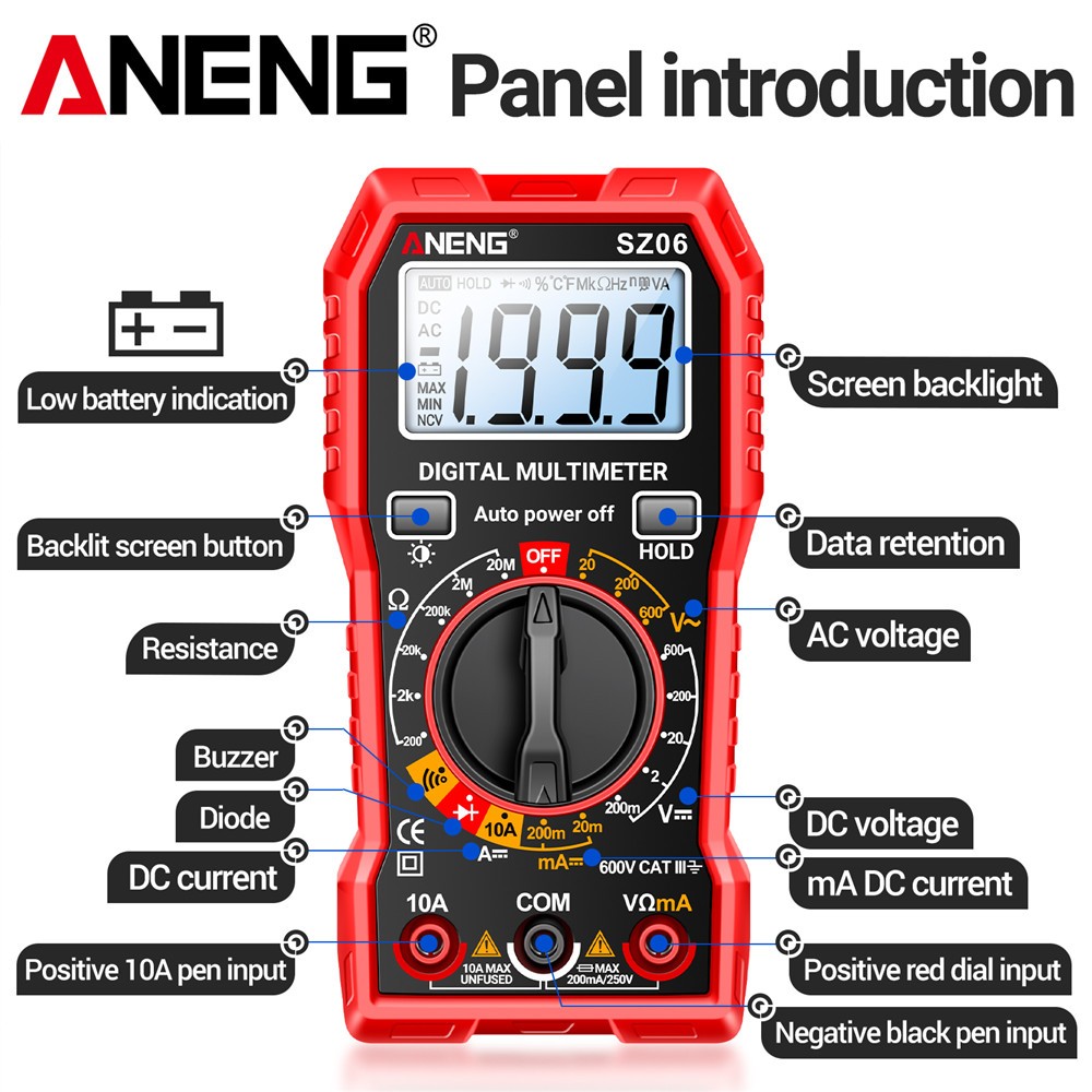 LCD Digital Multimeter Voltmeter Ammeter Ohmmeter Volt AC DC Tester Leads Meter