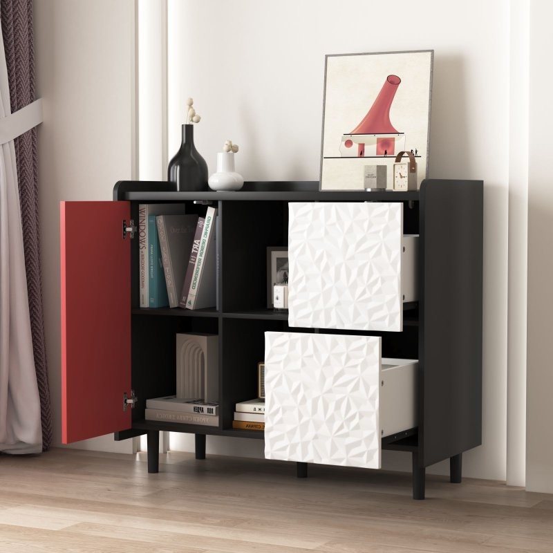 Sideboard Buffet Storage Cabinet Coffee Console Bar Table W/ Red Doors,2 Drawers