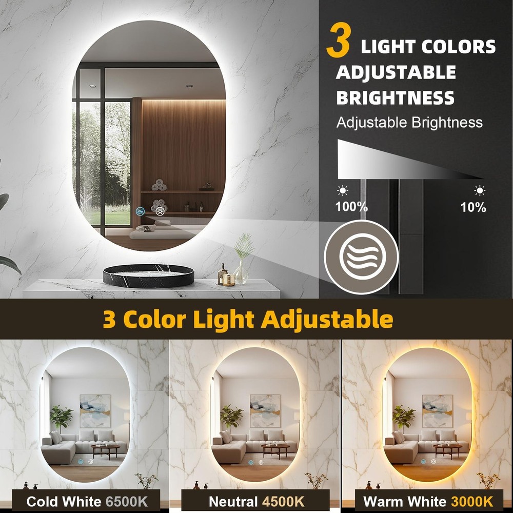 LED Dimmable Lighted Bathroom Mirror Anti-Fog Wall Mounted Rectangle Mirror
