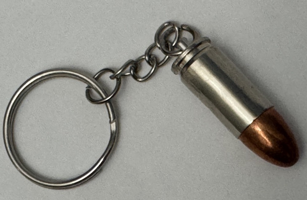 9mm  Bullet Key Chain / Zipper Pull (Silver, Nickel Plated Brass)