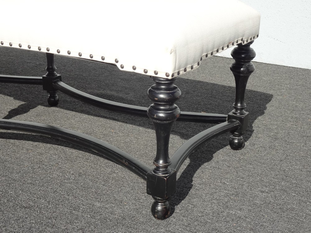 Modern White Bed Side Bench with Curved Black Base & Designer Fabric