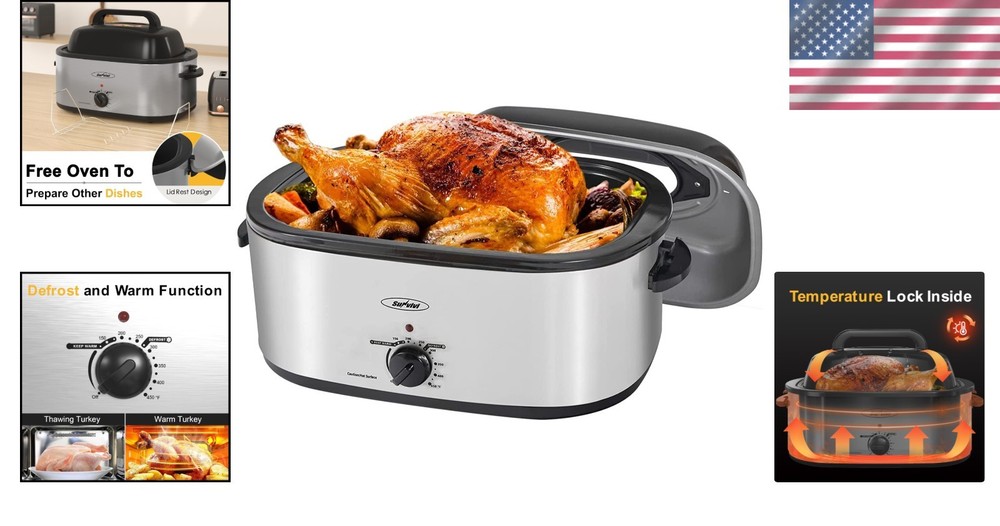 Versatile 30lb Turkey Roaster Oven with Defrost & Warm Functions, 1450 Watts
