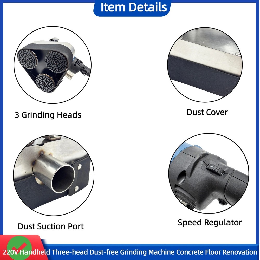 220V Handheld Three-head Dust-free Grinding Machine Concrete Floor Renovation