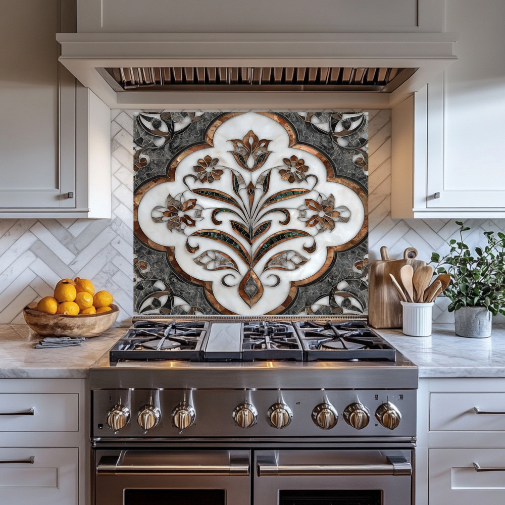 Ottoman Pattern on Marble Print Background Glass Backsplash for Kitchen Stove