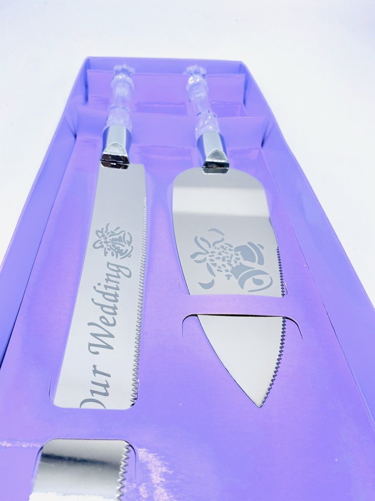 OUR WEDDING CAKE KNIFE AND SERVER SET EMBOSSED WITH BELL DESIGN -SILVER BODA
