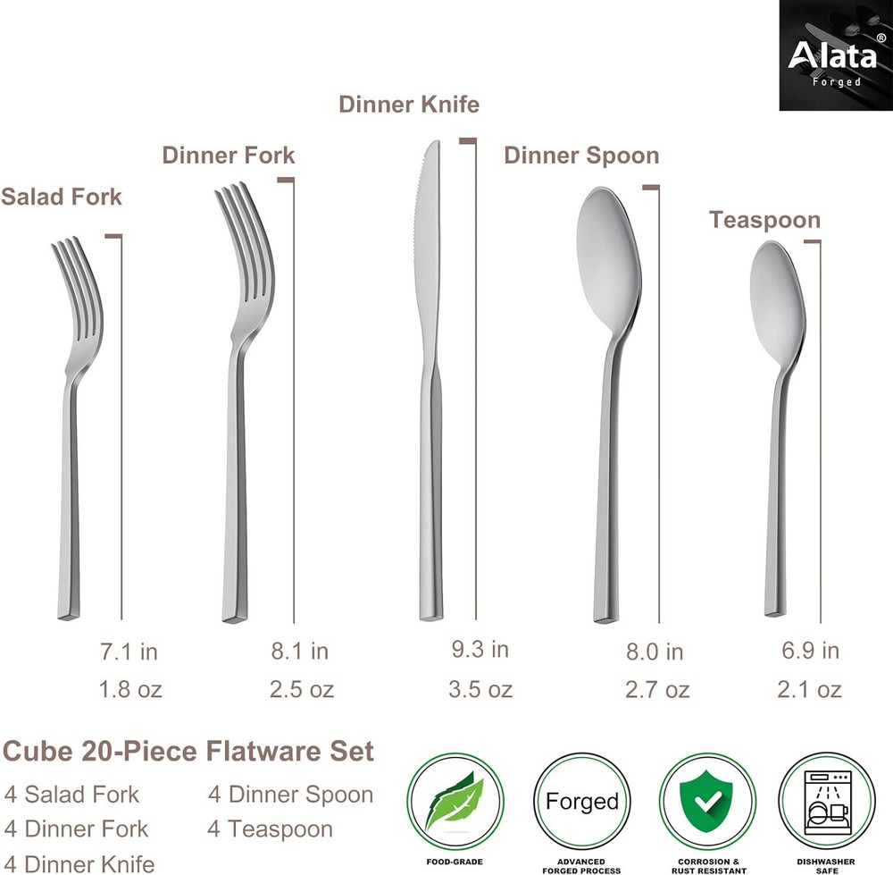 Alata Cube 20 Piece Matte Satin Stainless Steel Flatware Silverware Set