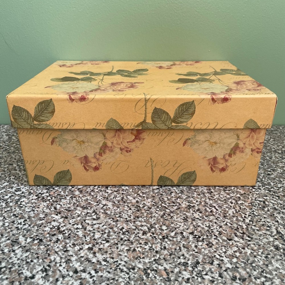 Vintage Cardboard BOX with Metallic Tag Holder Floral Print Rectangular