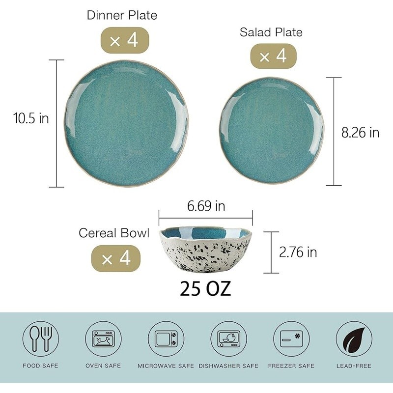 Handcrafted 12-Piece Stoneware Dinnerware Set Service 4 Unique Durable Design US
