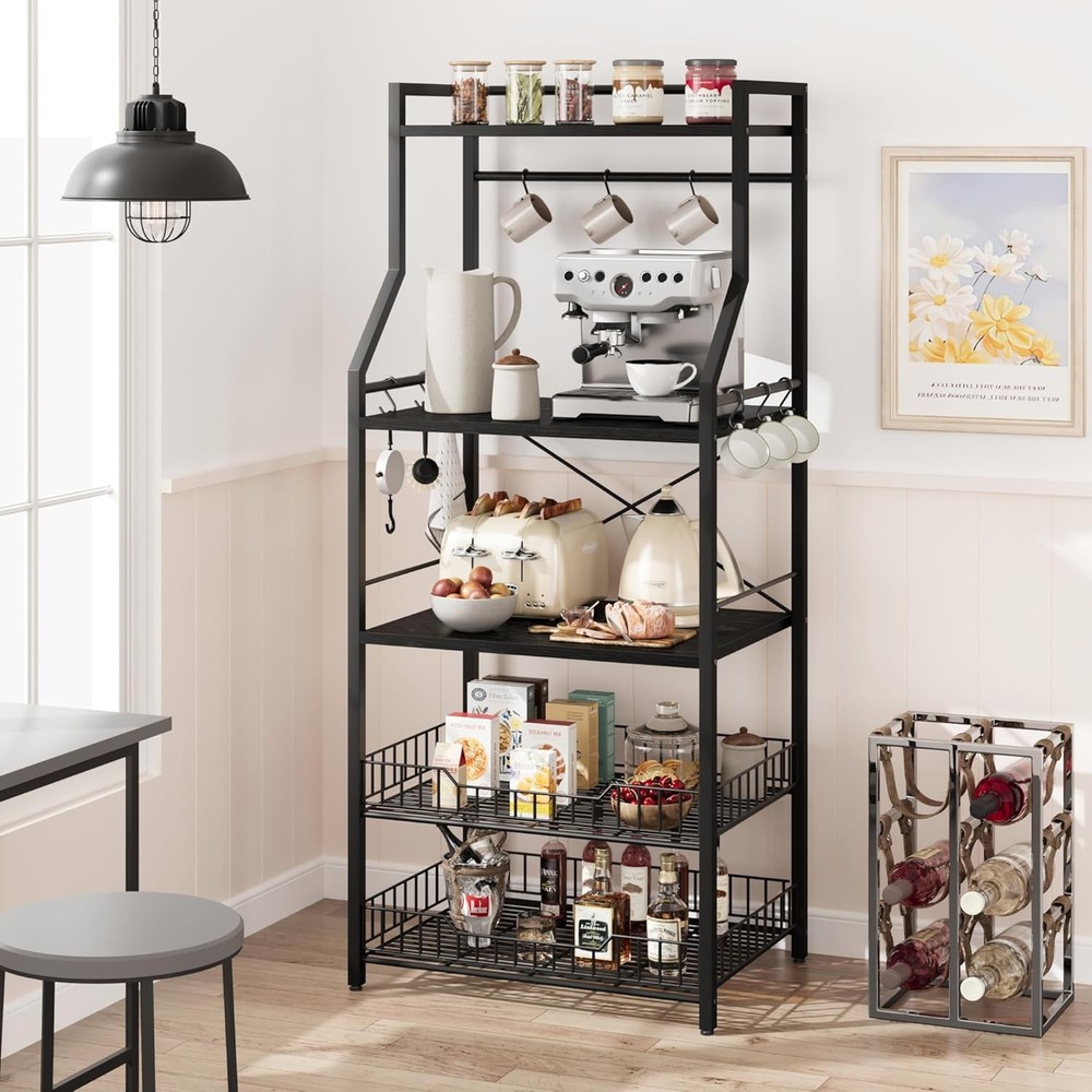 Rustic Microwave Stand 5-Tier Kitchen Storage Rack with Adjustable Feet Gray