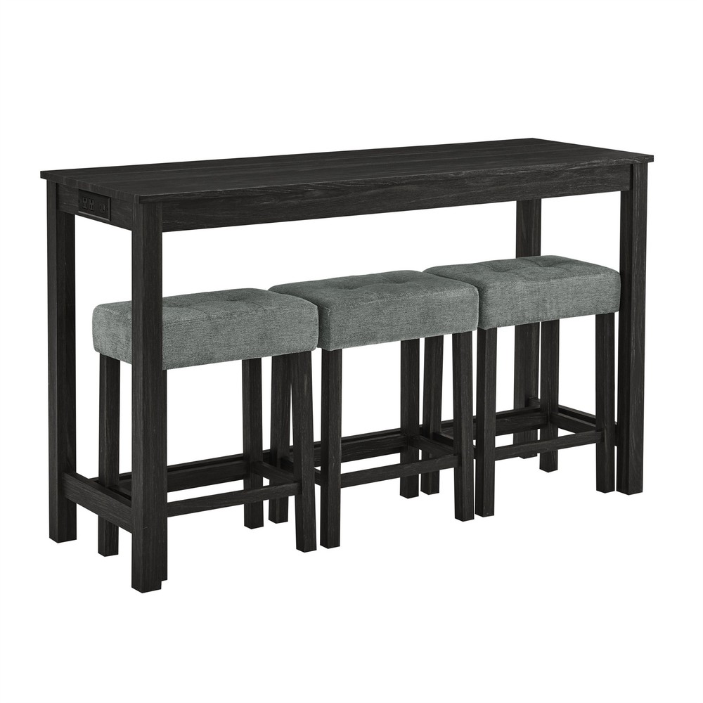 A 4-piece set, a sofa table with power sockets, and 3 upholstered stools