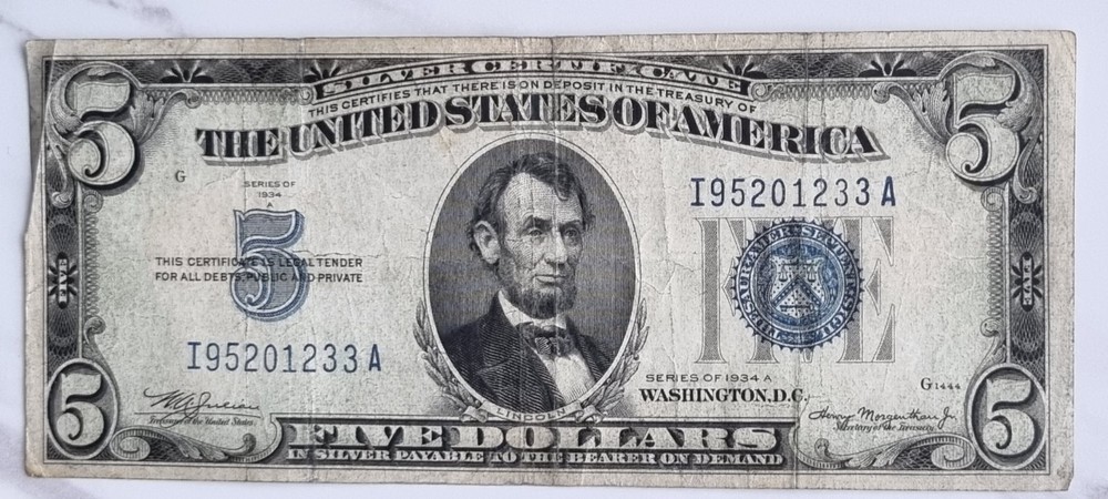 1934 A Five Dollar Silver Certificate $5 Bill Blue Seal Note Better Grade