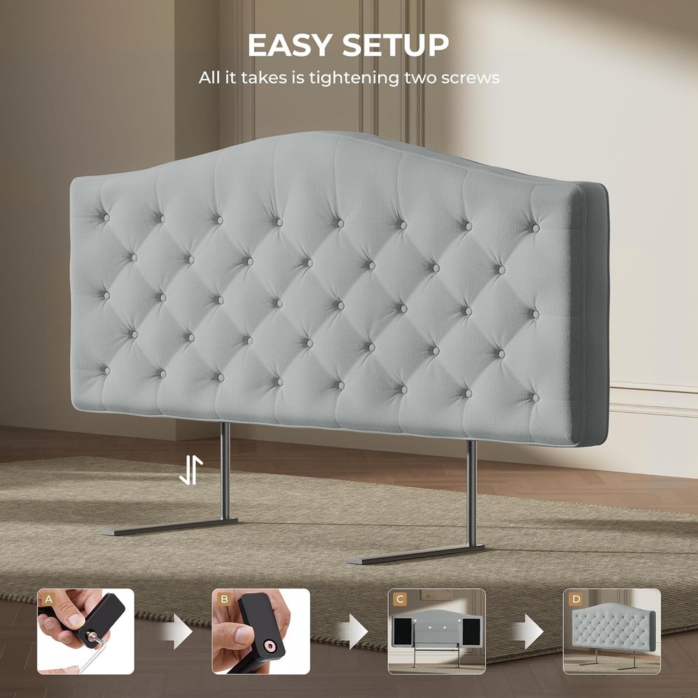 Modern Grey King Size Upholstered Headboard, Button-Tufted Design