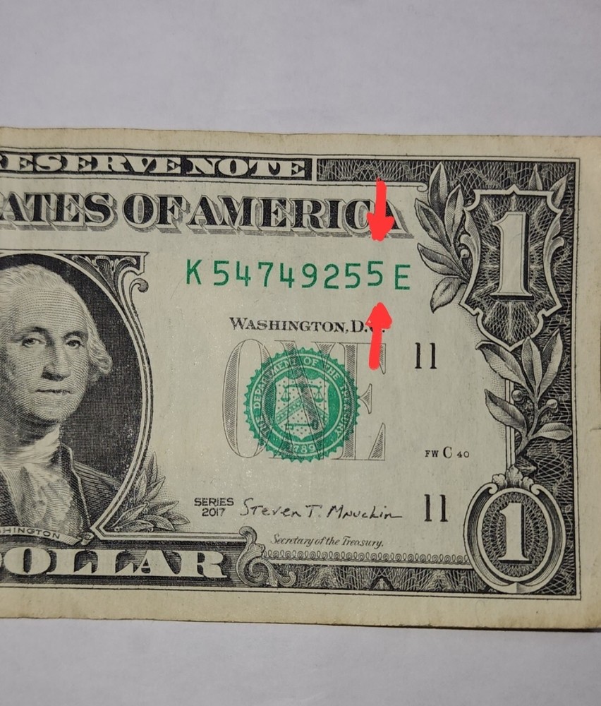 one dollar bill Serial Number K 54749255 E Error