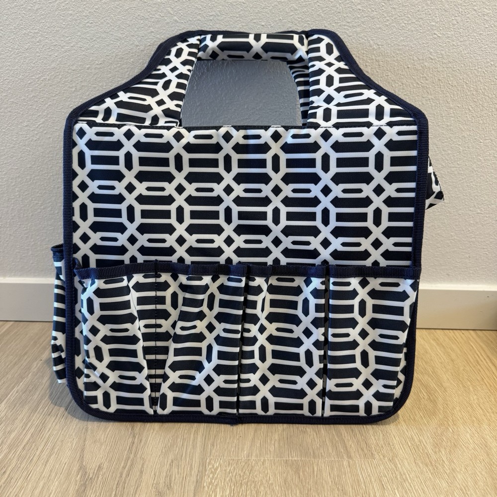 Craft Hobby Bag Sturdy Handles EUC Pockets Zippers Blue White Structured Bottom