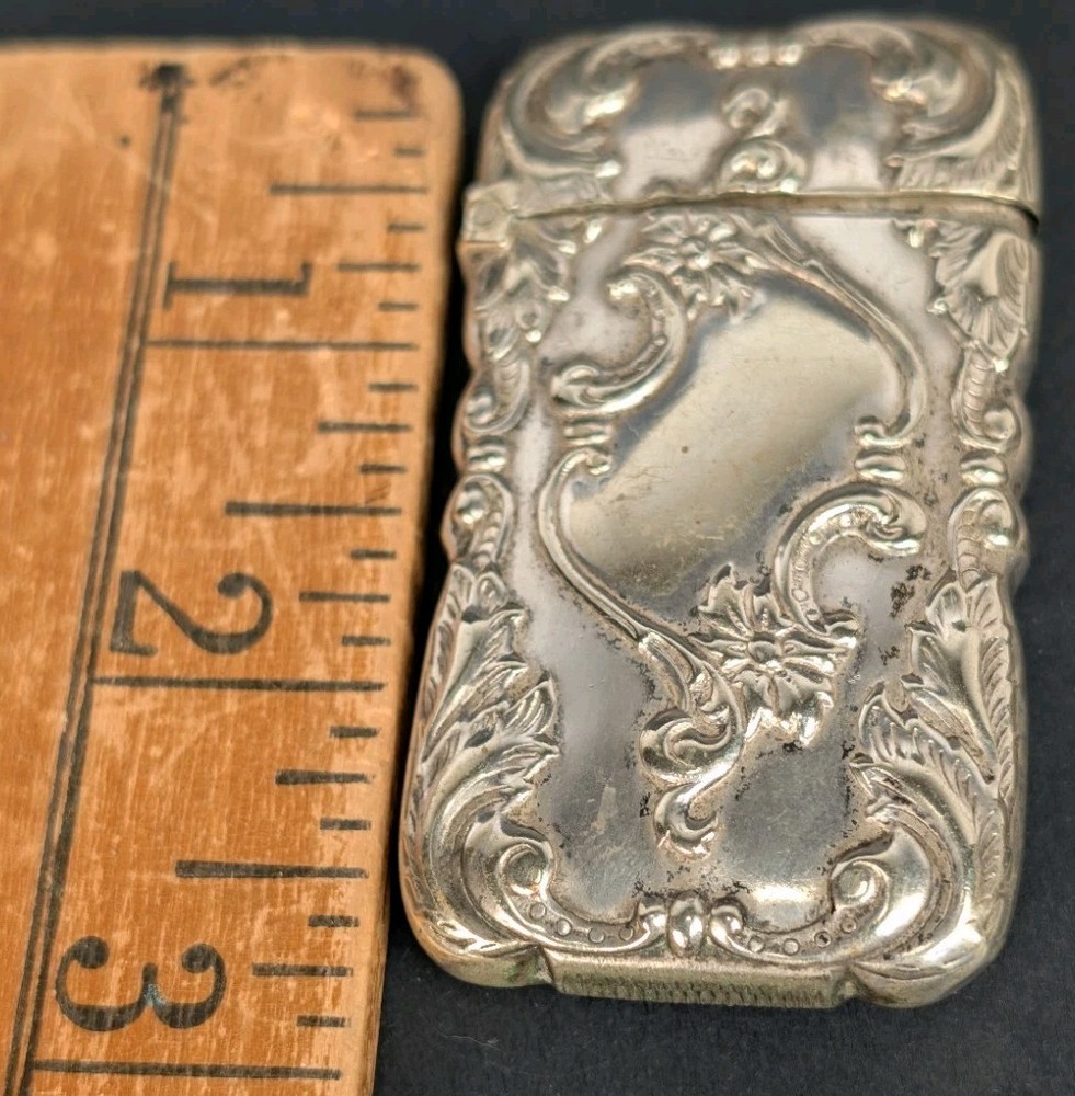 Antique German Silver Match Safe Case Ornate Scroll With Matches