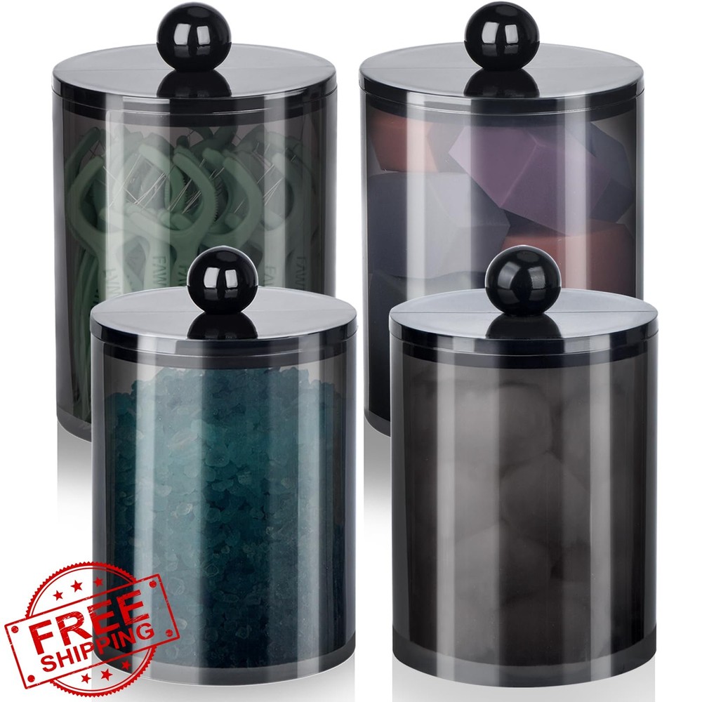 YASONIC 4 Pack Black Qtip Holder Jar Set w/ Lids