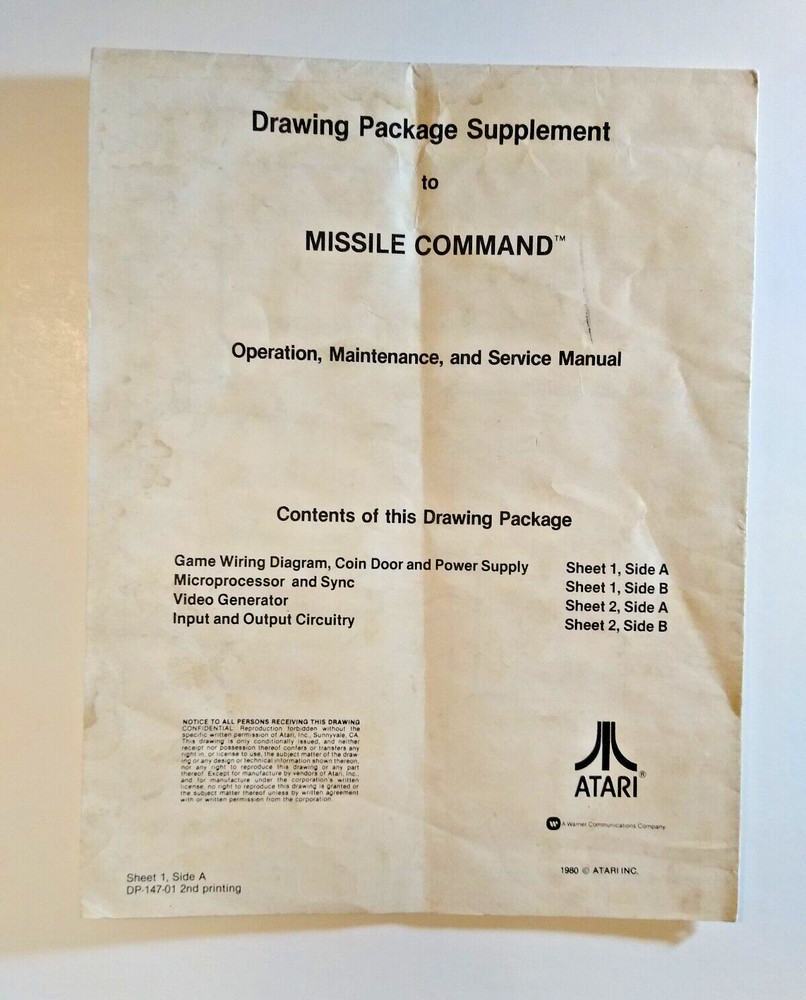 Missile Command Video Arcade Game Drawings Package Supplement Original SHEET 1